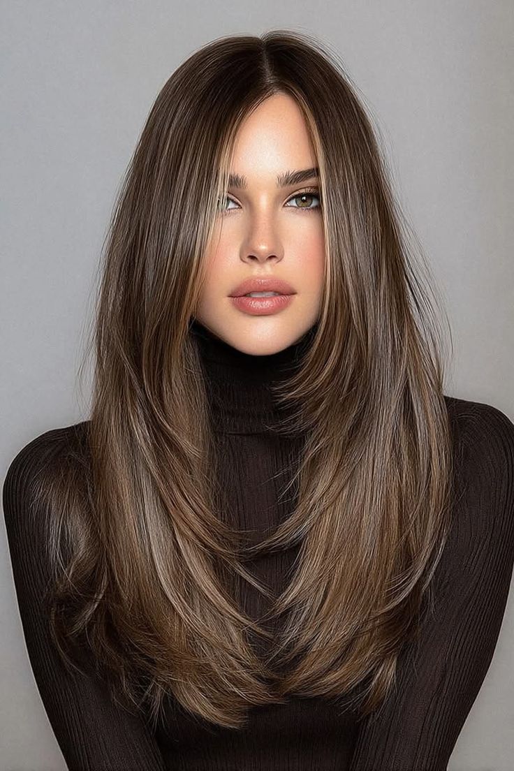 Brunette colour melt with face-framing layers