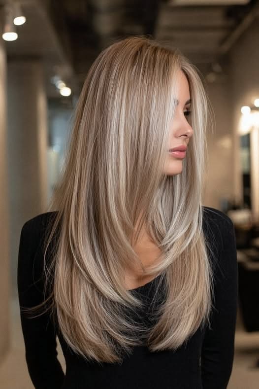 Icy blonde balayage with long layered cut