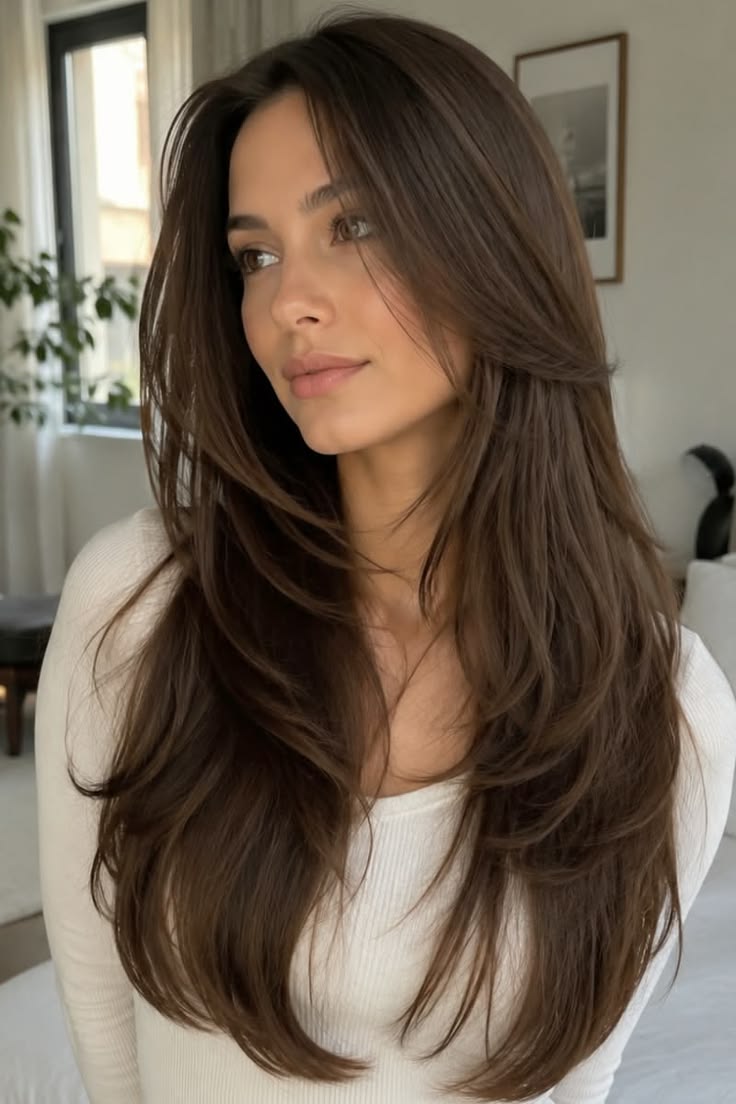Chocolate brown long layers with soft movement